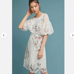 Anthropologie White Lace Dress with Pink Floral Accents